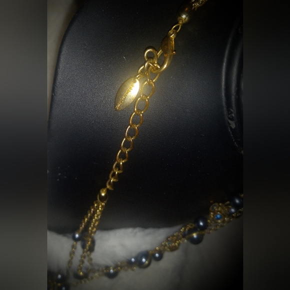 Coldwater Creek Tri Layered Gold Necklace with Blue& Gold Round/Square Pendants - Picture 4 of 5